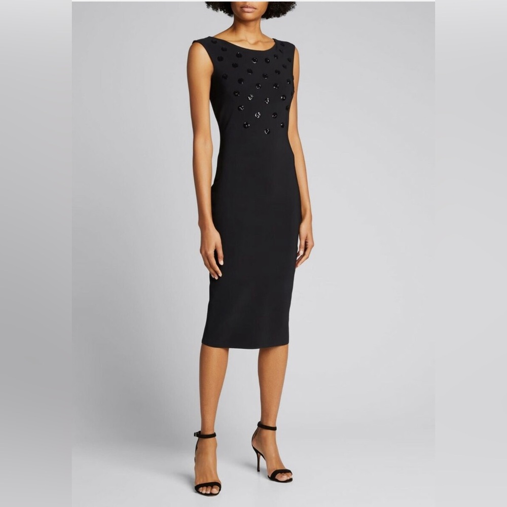 Chiara Boni. Model: Panda Sparkle. Sequin Dot embellished. Sheath silhouette.